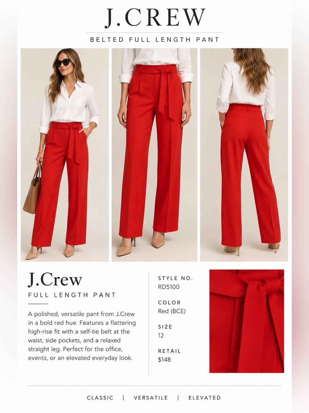 J.Crew Red Belted Full-Length Pants
